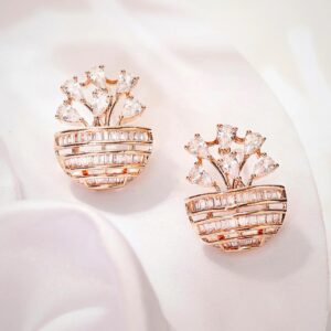 Jeyaar Floral Style Rose Gold Plated American Diamond Stud Pattern Earrings