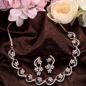 Jeyaar Rose Gold Plated AD Studded Necklace with Earrings Jewellery Set