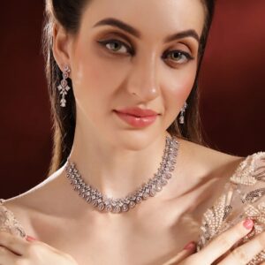 Jeyaar Bud Pattern AD Rose gold Plated Fancy Necklace with AD Drop Earrings Jewellery Set