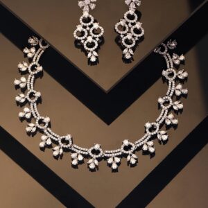 Jeyaar Whitestoned Floral Pattern Silver Plating Necklace with AD Earrings Jewellery Set