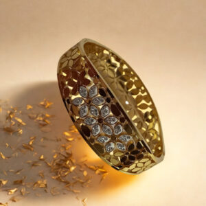 Designer Gold-Plated American Diamond Bangle with Floral Cutwork – Elegant Traditional Jewelry for Women