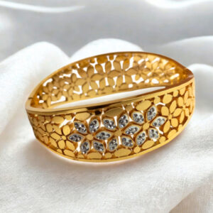 Designer Gold-Plated American Diamond Bangle with Floral Cutwork – Elegant Traditional Jewelry for Women