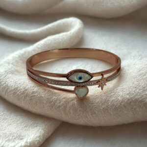Trendy Rose Gold Evil Eye Charm Bangle Bracelet for Women – Dual Layered with Heart & Star Accents