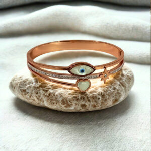 Trendy Rose Gold Evil Eye Charm Bangle Bracelet for Women – Dual Layered with Heart & Star Accents