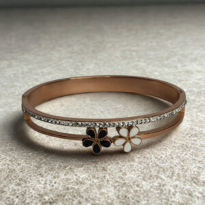 Rose Gold-Plated Floral American Diamond Kada Bracelet for Women | Black & White Enamel Flower Design Bangle