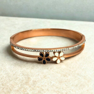 Rose Gold-Plated Floral American Diamond Kada Bracelet for Women | Black & White Enamel Flower Design Bangle