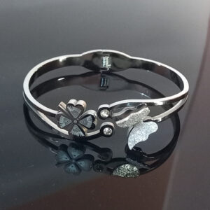 Whimsical Bloom Butterfly & Flower Dual Motif Silver-Tone Bangle Bracelet for Women