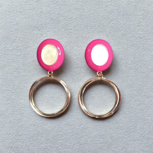 Pink Enamel & Gold-Toned Round Hoop Drop Earrings for Women