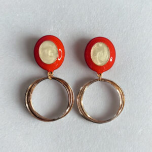 Red Enamel & Gold-Toned Round Hoop Drop Earrings for Women
