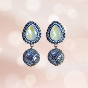 Antique Oxidized-Toned Drop Earrings with Textured Metallic Beads and Teardrop LightYellow Stone for Girls and Women