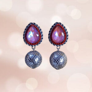 Antique Oxidized-Toned Drop Earrings with Textured Metallic Beads and Teardrop Pink Stone for Girls and Women