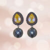 Antique Oxidized-Toned Drop Earrings with Textured Metallic Beads and Teardrop Yellow Stone for Girls and Women