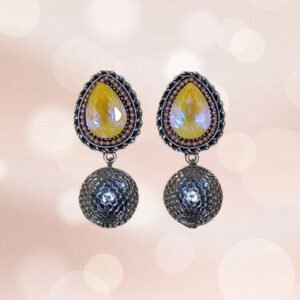 Antique Oxidized-Toned Drop Earrings with Textured Metallic Beads and Teardrop Yellow Stone for Girls and Women