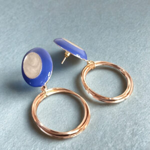 Blue Enamel & Gold-Toned Round Hoop Drop Earrings for Women