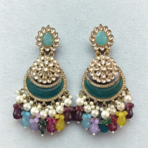 Multicolor Kundan & Beaded Chandbali Earrings for Women | Traditional Festive Dangler Earrings with Pearl Drops