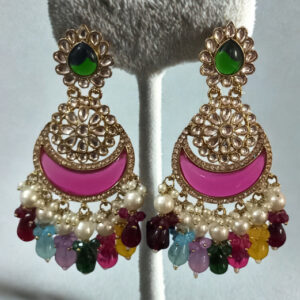 Multicolor Kundan & Beaded Chandbali Earrings for Women | Traditional Festive Dangler Earrings with Pearl Drops (Pink)
