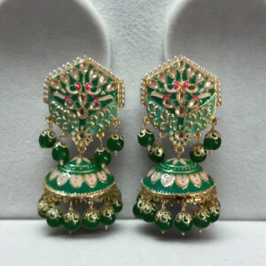 Green Meenakari Jhumka Earrings for Women | Hand-Painted Traditional Ethnic Dangler Earrings with Beads