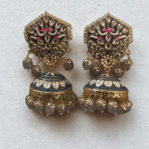 Grey Meenakari Jhumka Earrings for Women | Hand-Painted Traditional Ethnic Dangler Earrings with Beads