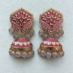 Pink Meenakari Jhumka Earrings for Women | Hand-Painted Traditional Ethnic Dangler Earrings with Beads