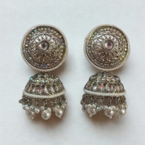 Antique Silver-Toned Dome Jhumka Earrings | Filigree Round Studs with Pearl Drops for Women