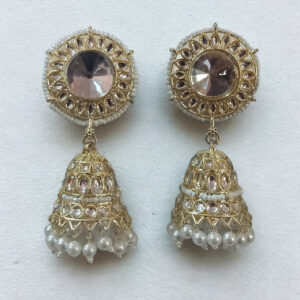 Gold-Plated Round Stud Jhumka Earrings | Mirror Stone Top with Pearl Drops & Kundan Detailing
