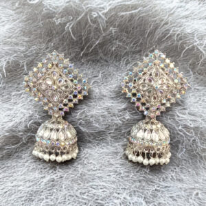 Antique Silver-Plated Square Top Jhumka Earrings | Diamond-Cut Frame with Pearl Drops & Mirror Detailing