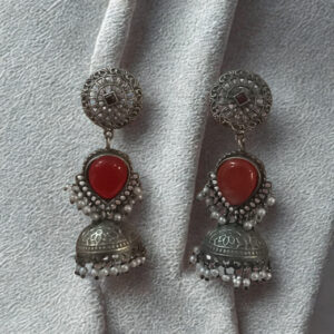 Antique Oxidized Silver Jhumka Earrings | Red Stone Teardrop Stud with Pearl Beaded Dome