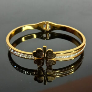 Gold-Plated Clover Design American Diamond Kada Bracelet for Women | Elegant Lucky Charm Bangle