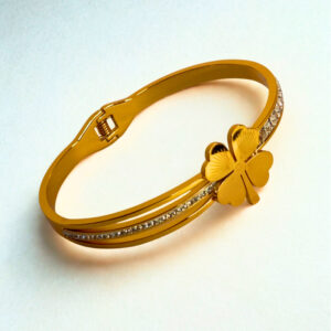 Gold-Plated Clover Design American Diamond Kada Bracelet for Women | Elegant Lucky Charm Bangle