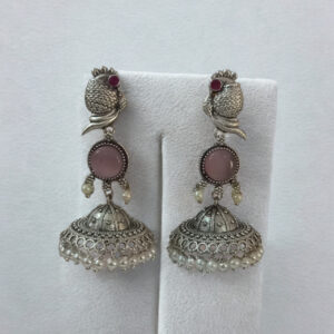 Antique Oxidized Peacock Jhumka Earrings | Pink Stone Dome with Pearl Fringe