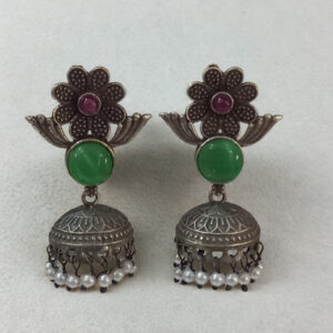Floral Oxidized Jhumka Earrings | Green Stone Dome with Pearl Danglers