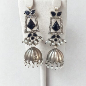 Oxidised Silver-Plated Black Stone Dangler Jhumka Earrings for Women & Girls