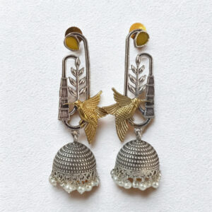Dual-Toned Oxidised Jhumka Earrings with Golden Bird Motif & Pearl Drops for Women