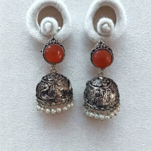 Antique Oxidised Silver Temple Jhumka Earrings with Terracotta Orange Stone & Pearl Drops for Women