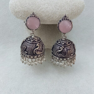 Oxidised Silver Peacock Jhumka Earrings with Baby Pink Stone Stud & Pearl Danglers