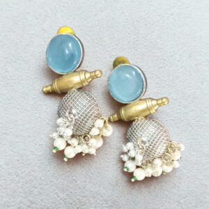 Dual-Tone Oxidised Silver Jhumka Earrings with Sky Blue Stone Stud & Pearl Clusters