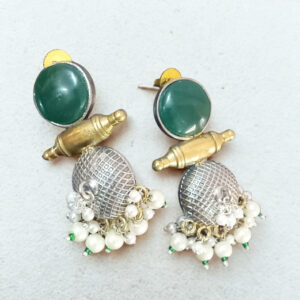 Green Stone Dual-Tone Jhumka Earrings with Oxidised Dome & Pearl Danglers