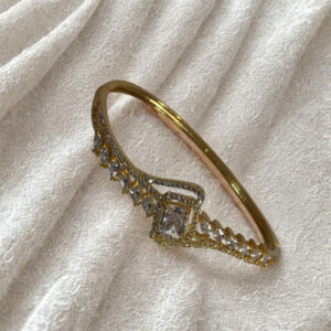 Gold-Plated American Diamond Kada Bracelet for Women | Designer V-Shape Solitaire Bangle
