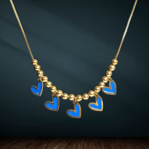 Gold-Plated Beaded Necklace with Blue Enamel Heart Charms – Trendy Fashion Jewelry for Women and Girls