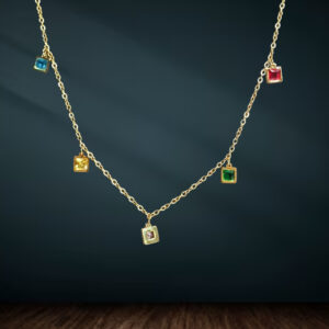 Gold-Plated Necklace with Multicolor Square Crystal Charms – Stylish Minimal Jewelry for Women and Girls