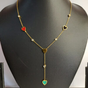 Gold-Plated Lariat Heart Necklace with Multicolor Enamel Charms – Trendy Y-Shaped Jewelry for Women and Girls