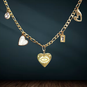 Gold-Plated Charm Necklace with Heart, Eye & Drop Pendants – Trendy Layered Look for Women and Girls