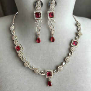 Silver-Toned Ruby Red American Diamond Necklace & Earring Set