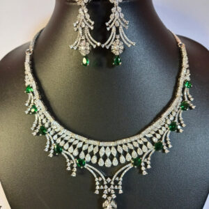 Emerald Elegance Silver-Toned American Diamond Necklace & Earrings Set