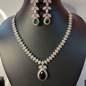 Emerald Drop Leaf Motif American Diamond Necklace & Earring Set
