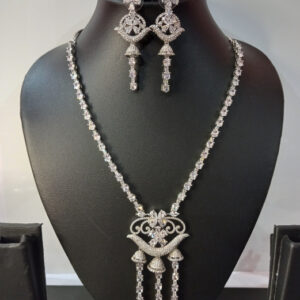 Elegant Silver-Plated American Diamond Necklace Set with Dangle Earrings