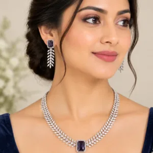 Royal Violet Princess Cut American Diamond Necklace Set